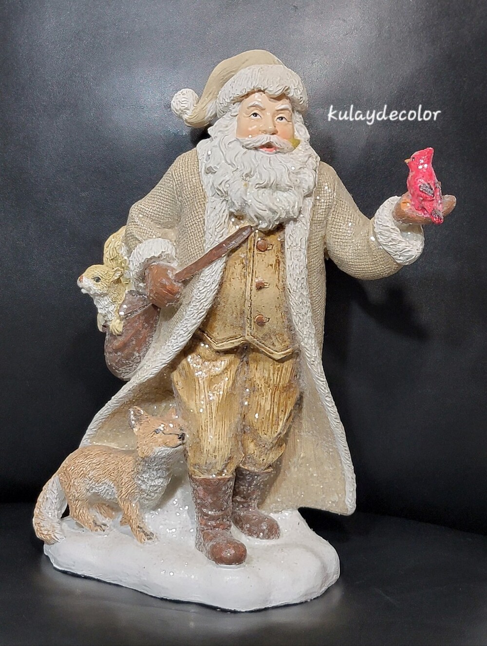 Woodland Santa Claus Figurine Cardinal Fox Squirrel Rustic Resin Christmas 10.25